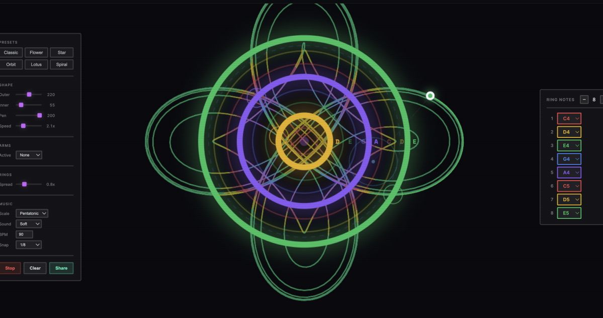 Musical Spirograph - วาดลวดลายดนตรีในเบราว์เซอร์ด้วย generative art