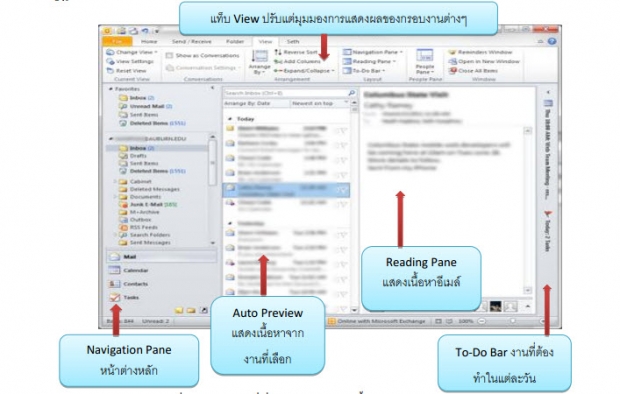 หน้าต่างหลักของการใช้ Microsoft Outlook 2010